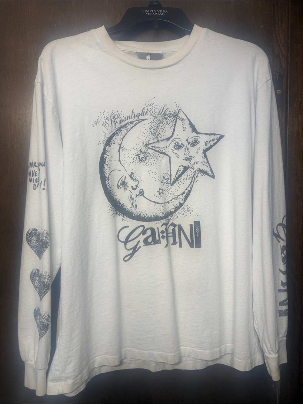 Ganni White Moon & Star Graphic Long Sleeve Tee with Sleeve Hearts